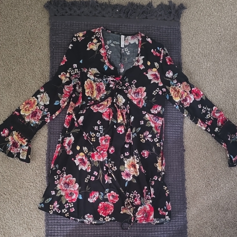 Black and Red Floral Tie Front Long Sleeve Dress